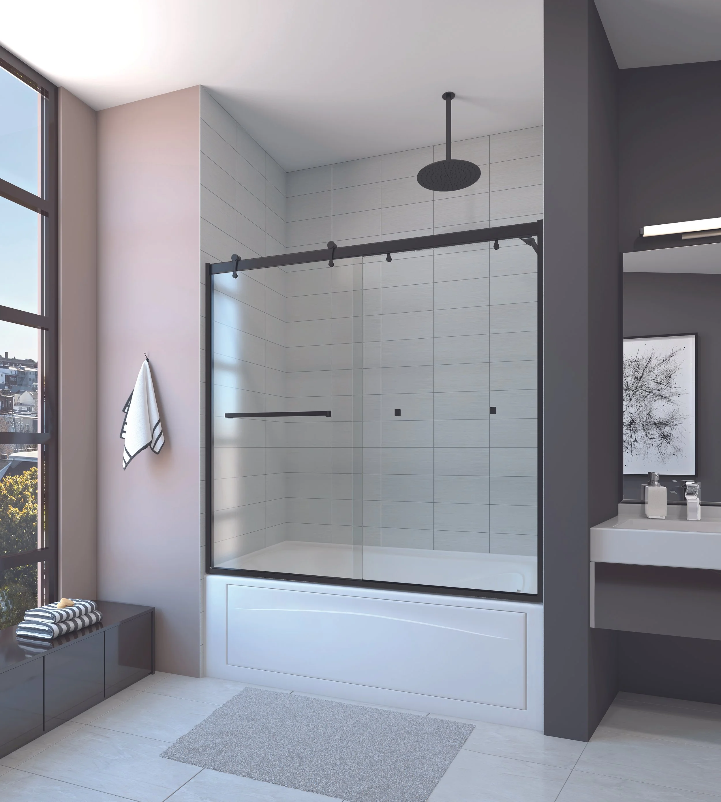 Modern bathroom with a glass-enclosed shower, black rainfall showerhead, and a dark gray wall with a mirror and sink. Natural light from a large window illuminates the space.