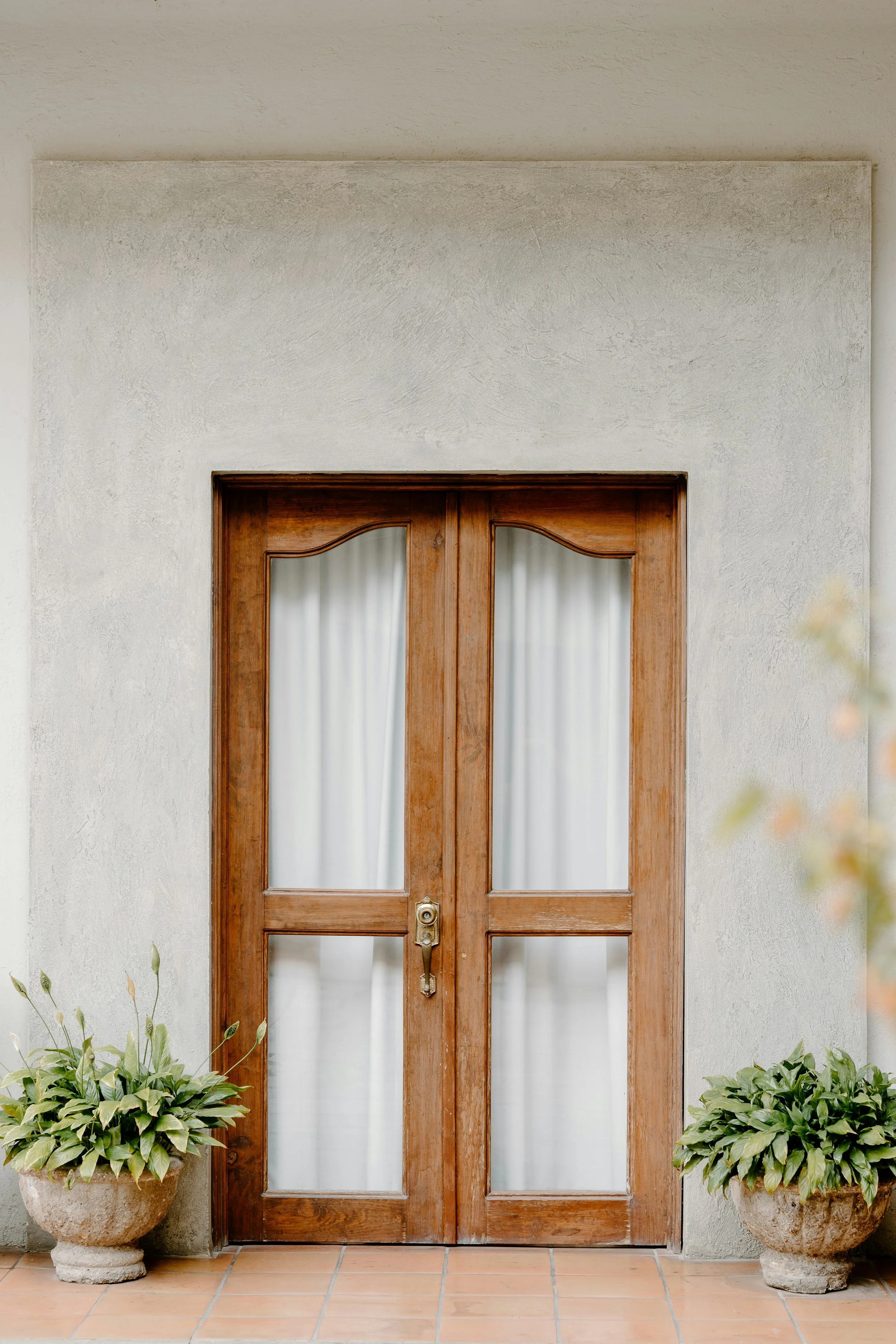 Wooden double door with glass panels and white curtains, flanked by potted plants with green leaves, set in a white textured wall with tan tile flooring.