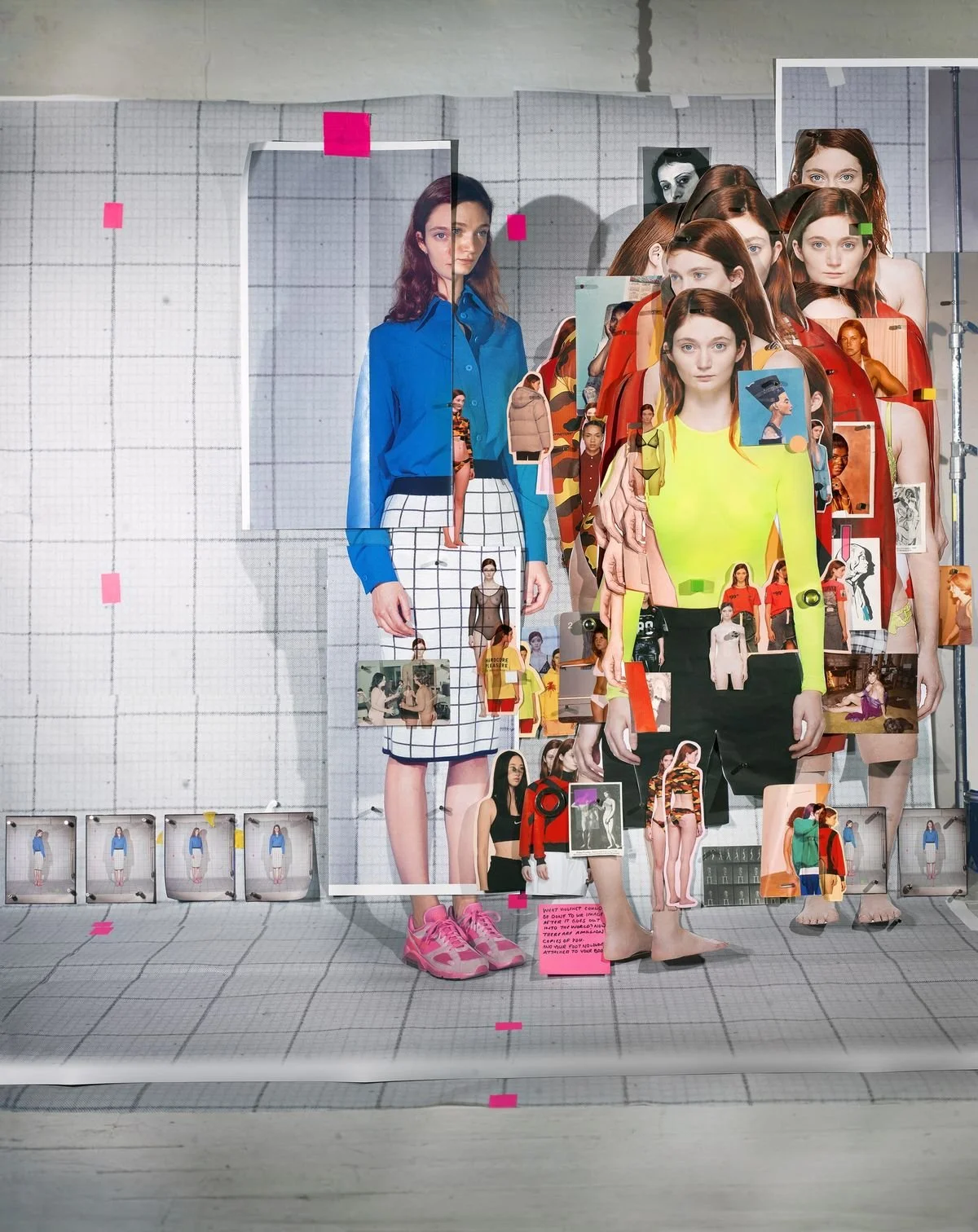 A complex collage of cutout magazine photos and illustrations of women in various fashion outfits and styles, arranged on a grid background with pink and yellow sticky notes and small printed images. luxury beauty, fragrance, skincare, haircare, fash