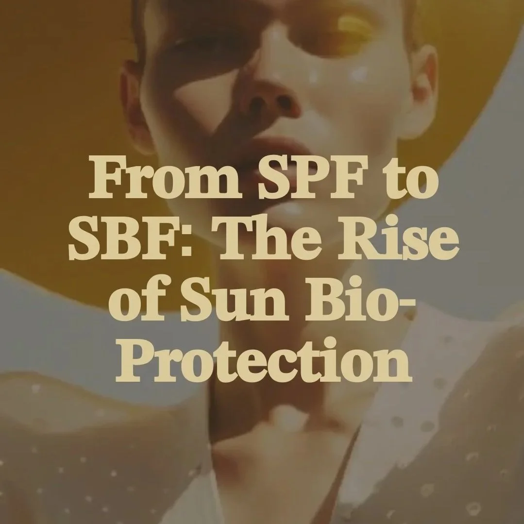 Close-up of a woman wearing a wide-brimmed hat and sunglasses, with text overlay stating 'From SPF to SBF: The Rise of Sun Bio-Protection.'