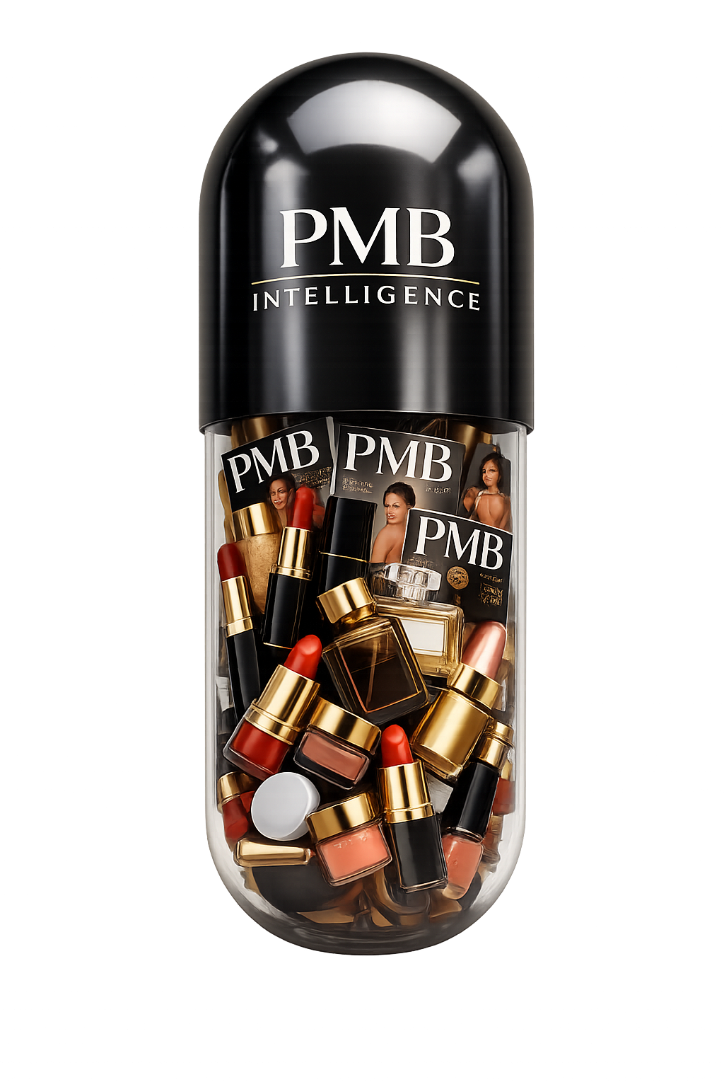 A capsule-shaped container with a black top labeled "PMB INTELLIGENCE" filled with makeup and beauty products, including lipsticks, nail polishes, perfume bottles, and magazines featuring women with the PMB logo.