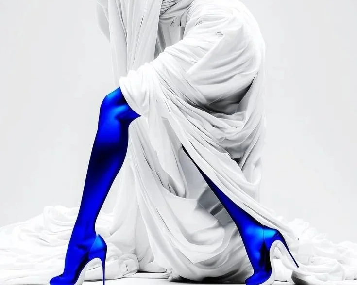 A person wearing a white silk dress kneeling on the floor, with bright blue high-heeled boots and gloves, against a plain white background. luxury beauty, fragrance, skincare, haircare, fashion editorial, beauty editorial, cosmetics, cinematic, edito