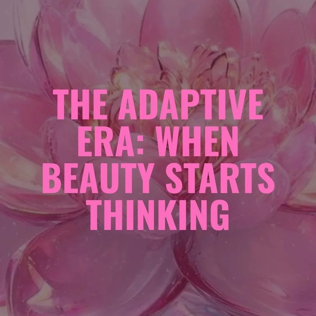 Pink text overlay on a blurred floral background that reads: "The adaptive era: when beauty starts thinking" luxury beauty, fragrance, skincare, haircare, fashion editorial, beauty editorial, cosmetics, cinematic, editorial, moody, high fashion, avan