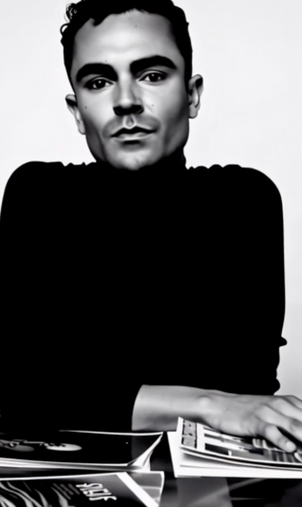 A black and white portrait of a young man with short, dark, curly hair, wearing a black turtleneck, sitting with folded arms on a table with magazines. luxury beauty, fragrance, skincare, haircare, fashion editorial, beauty editorial, cosmetics, cine