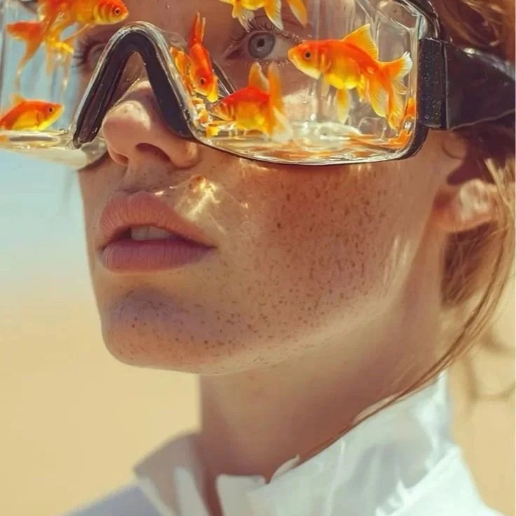 Close-up of a woman wearing snorkeling goggles, with her face partially submerged in water. Multiple small orange goldfish are swimming near and around her goggles. luxury beauty, fragrance, skincare, haircare, fashion editorial, beauty editorial, co