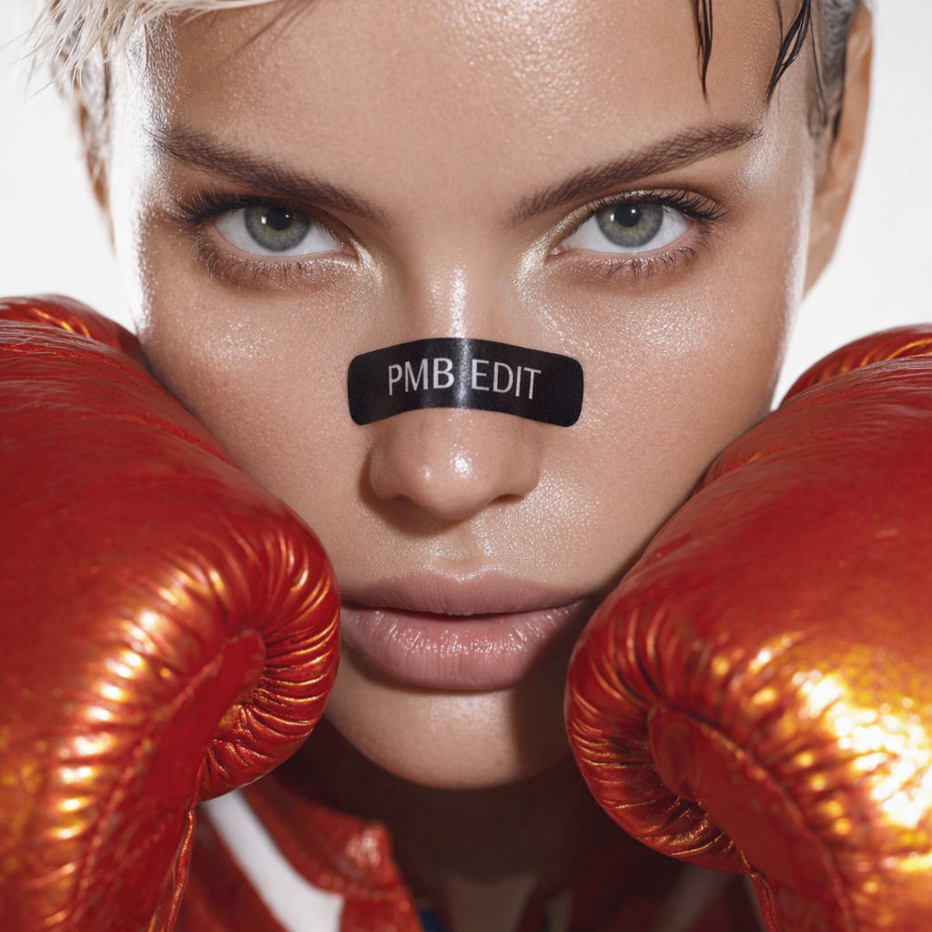 A woman with short wet hair and piercing green eyes is wearing red boxer gloves and has a black sticker on her nose that says 'PMB EDIT'. luxury beauty, fragrance, skincare, haircare, fashion editorial, beauty editorial, cosmetics, cinematic, editori