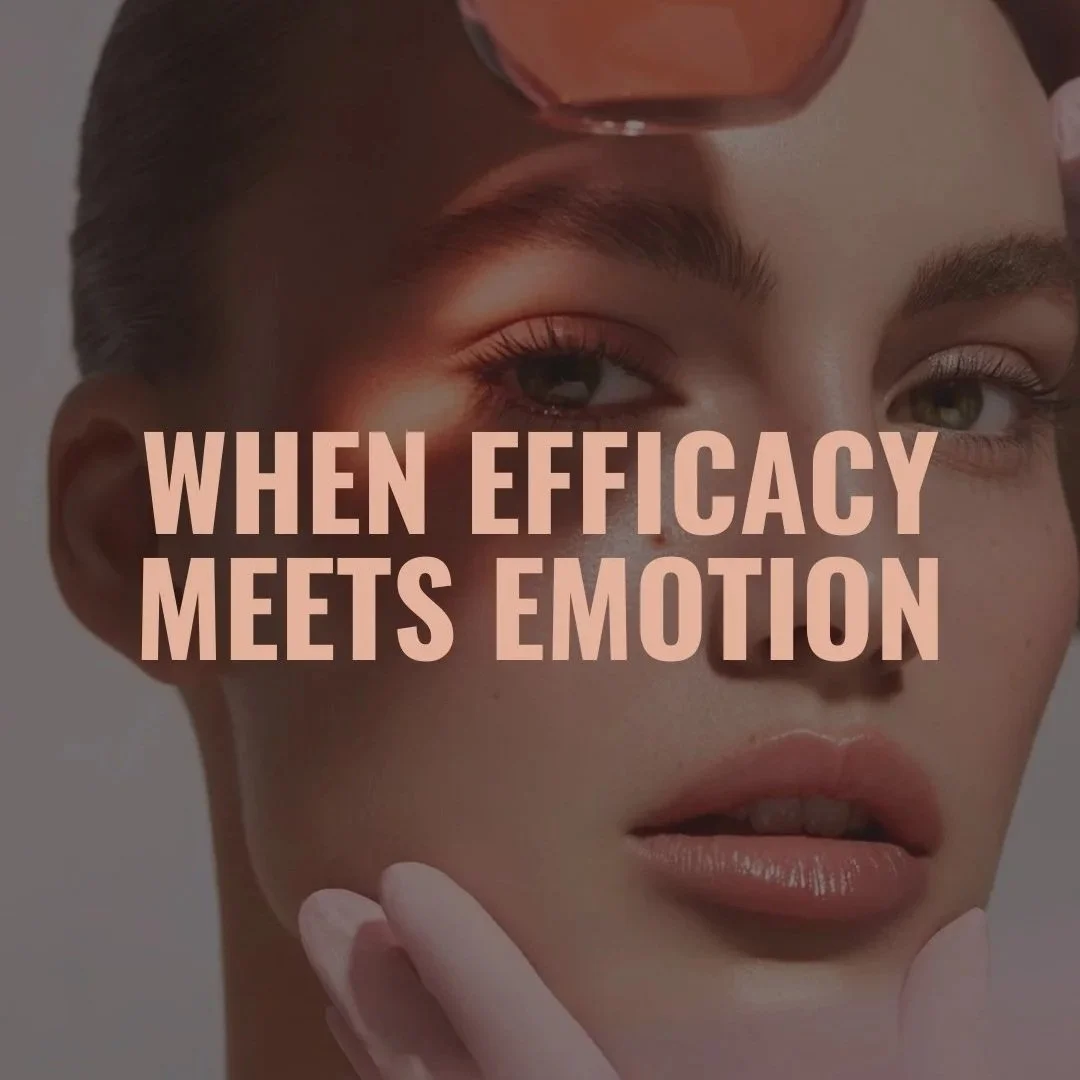 Close-up of a young woman's face with the caption 'When efficacy meets emotion' overlaid. luxury beauty, fragrance, skincare, haircare, fashion editorial, beauty editorial, cosmetics, cinematic, editorial, moody, high fashion, avant-garde, minimalist