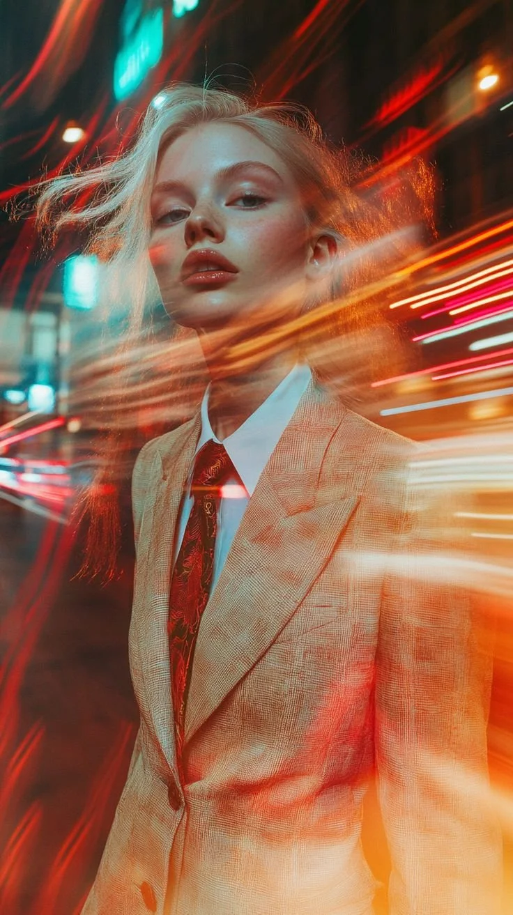 A woman with blonde hair in a beige suit and a patterned tie standing in front of a city street scene at night with light trails from moving vehicles.