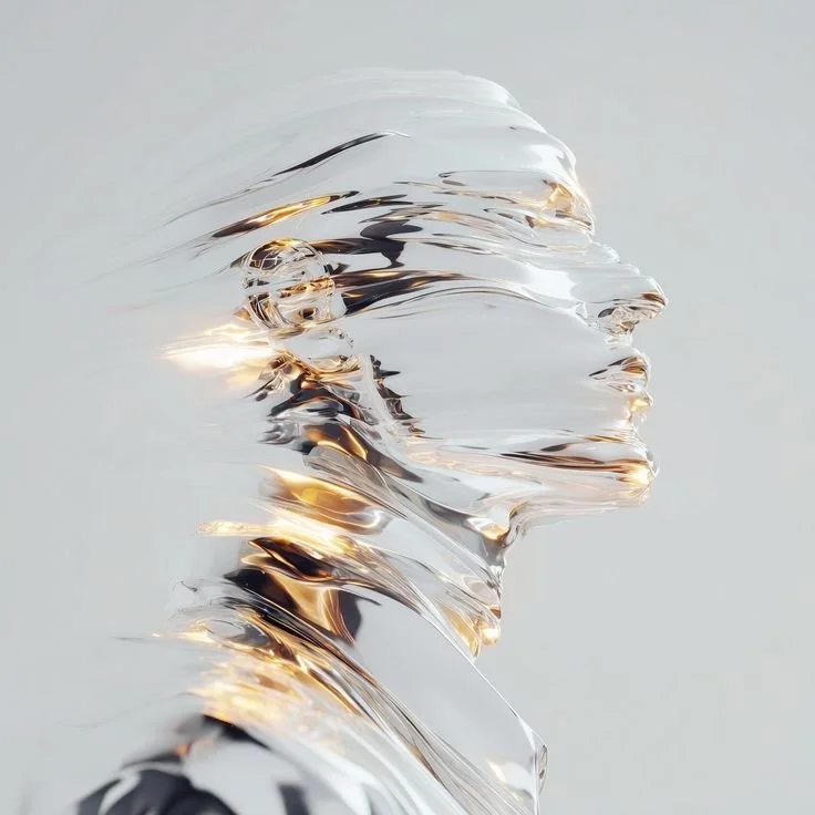 A futuristic digital illustration of a human face in profile, with abstract metallic and glass-like textures, reflecting light with a golden glow. luxury beauty, fragrance, skincare, haircare, fashion editorial, beauty editorial, cosmetics, cinematic