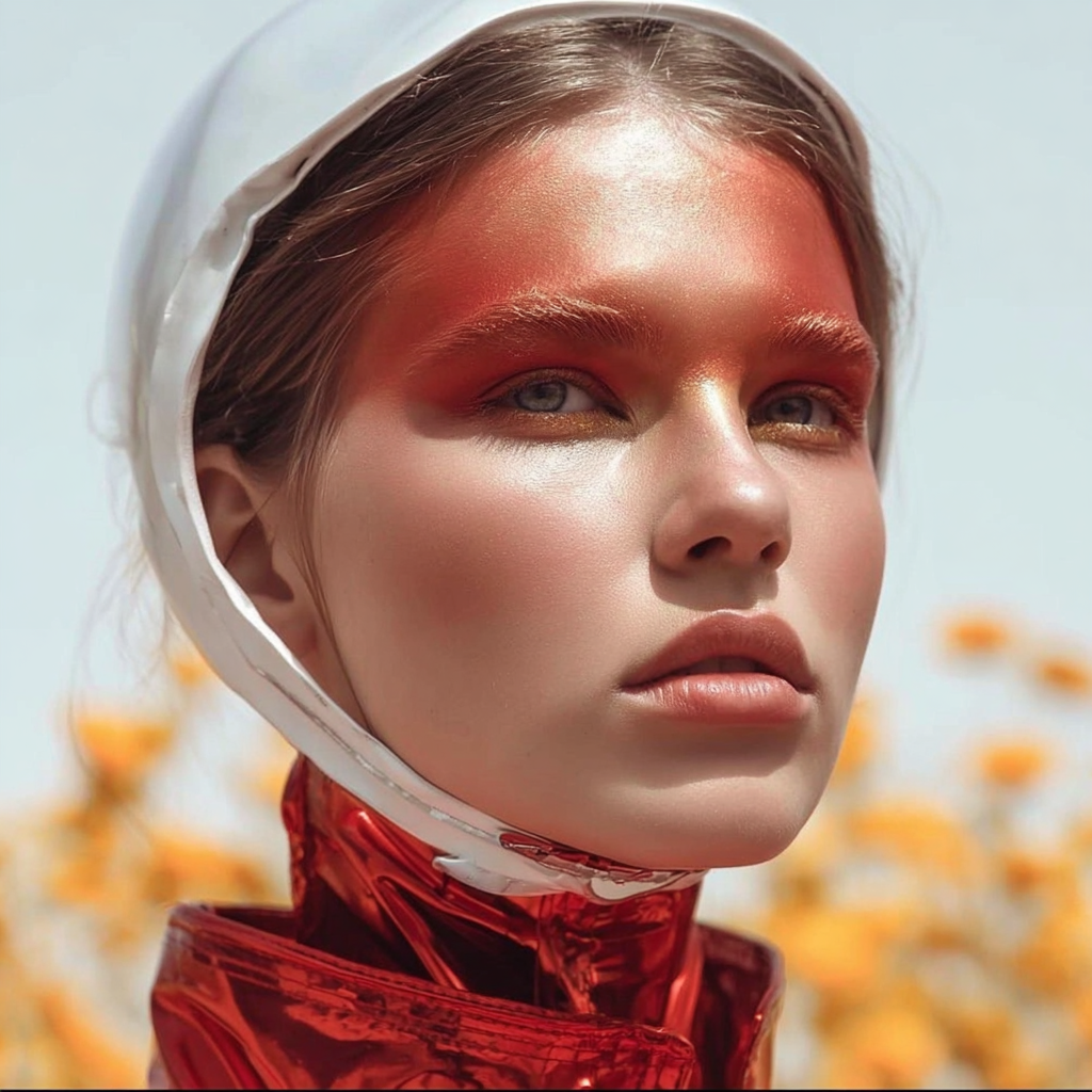 luxury beauty, fragrance, skincare, haircare, fashion editorial, beauty editorial, cosmetics, ciClose-up of a woman with futuristic makeup wearing a clear helmet and red metallic clothing, standing outdoors with blurred orange flowers in background.
