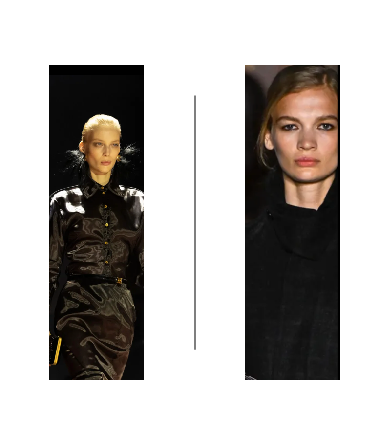 Side-by-side images of two women with serious expressions, both with sleek hairstyles. The woman on the left has platinum blonde hair and is wearing a shiny black satin shirt with golden buttons, while the woman on the right has light brown hair pulled back and is dressed in black.