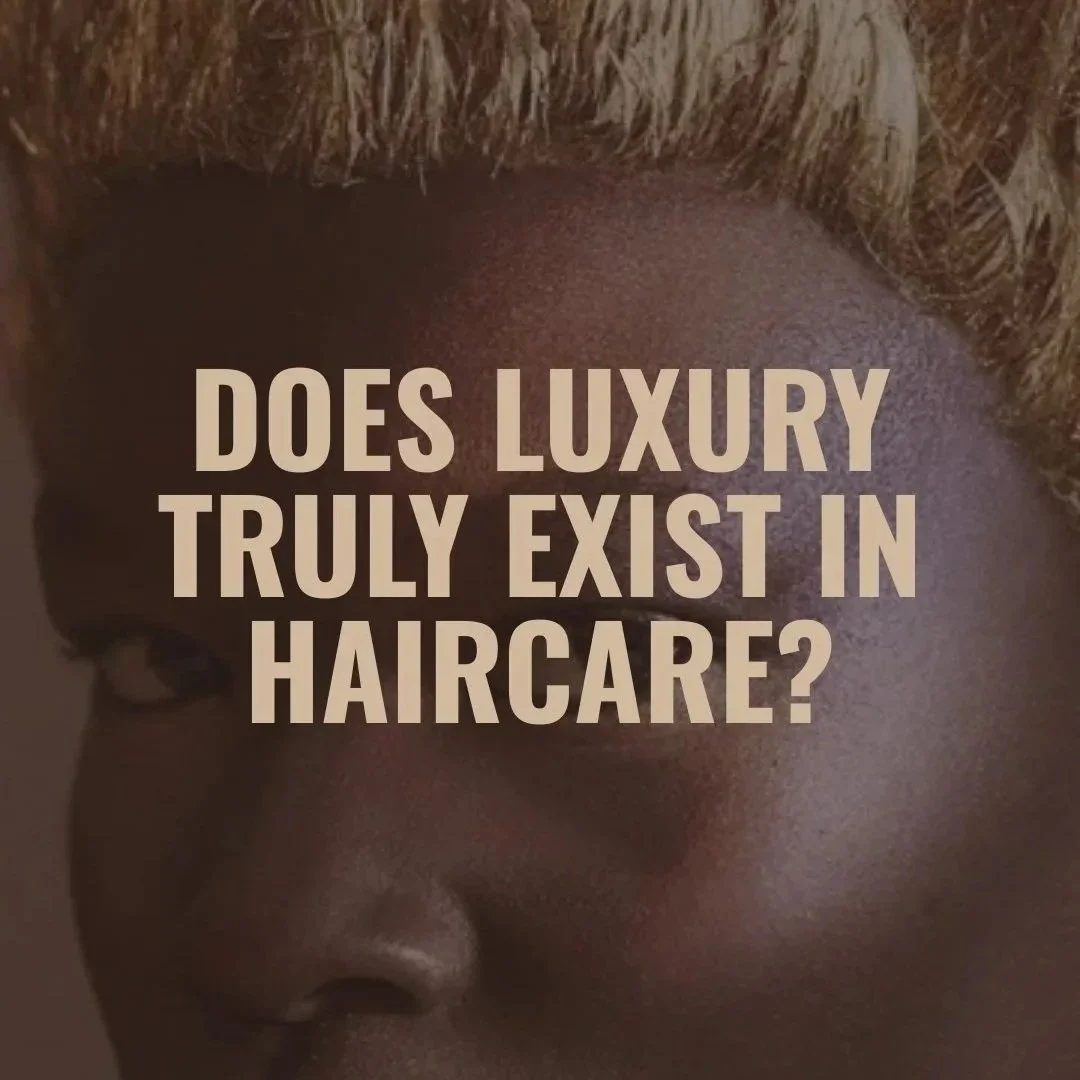 Close-up of a woman's face with text overlay asking 'Does luxury truly exist in haircare?' luxury beauty, fragrance, skincare, haircare, fashion editorial, beauty editorial, cosmetics, cinematic, editorial, moody, high fashion, avant-garde, minimalis