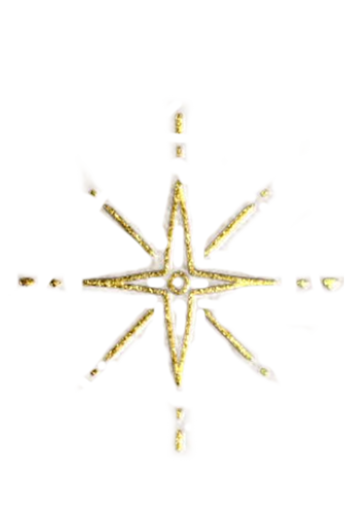 A decorative snowflake ornament made of gold-colored wire, resembling a star or compass rose, against a white background.