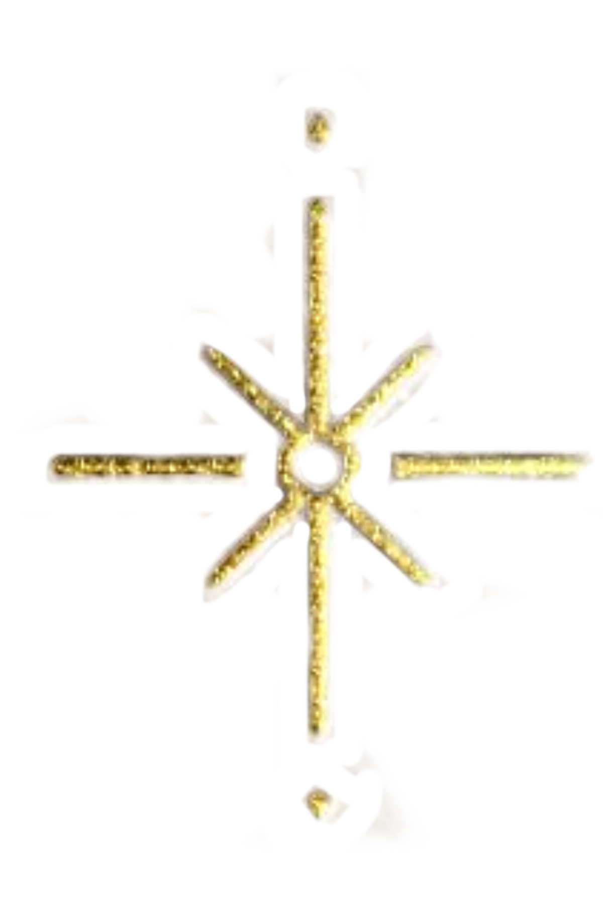 A gold star-shaped jewelry piece with multiple arms, adorned with small round gold beads, connected to a round gold connector at the center, with a thin gold chain hanging from the bottom.