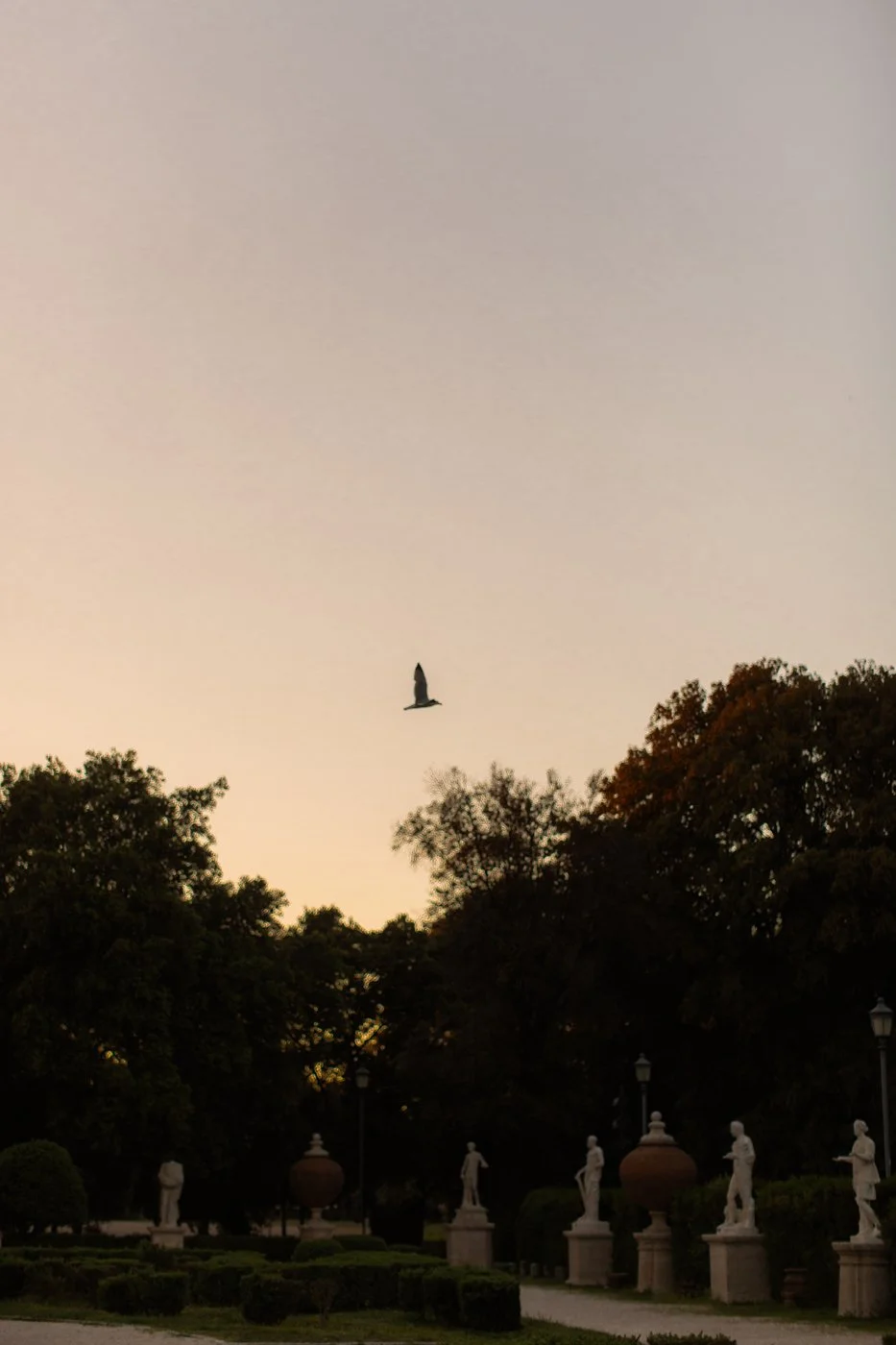 A scenic park at sunset with a lone bird flying overhead, lush trees, statues along a pathway, and vintage street lamps.