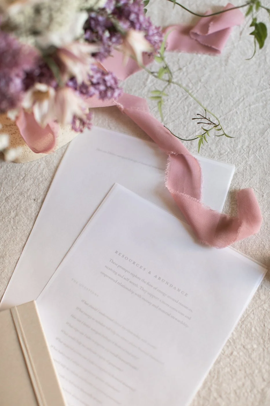 Open book or notebook with the title 'Resources & Abundance' and a pink ribbon, with flowers and a sprig of greenery on a light textured surface.
