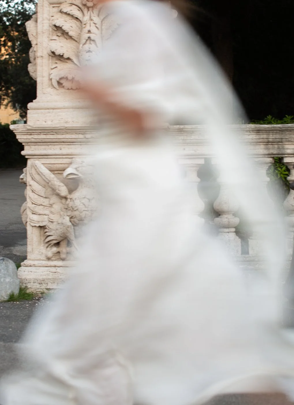 Blurred statue of a bird with a background of an ornate stone balustrade and carved stone details.