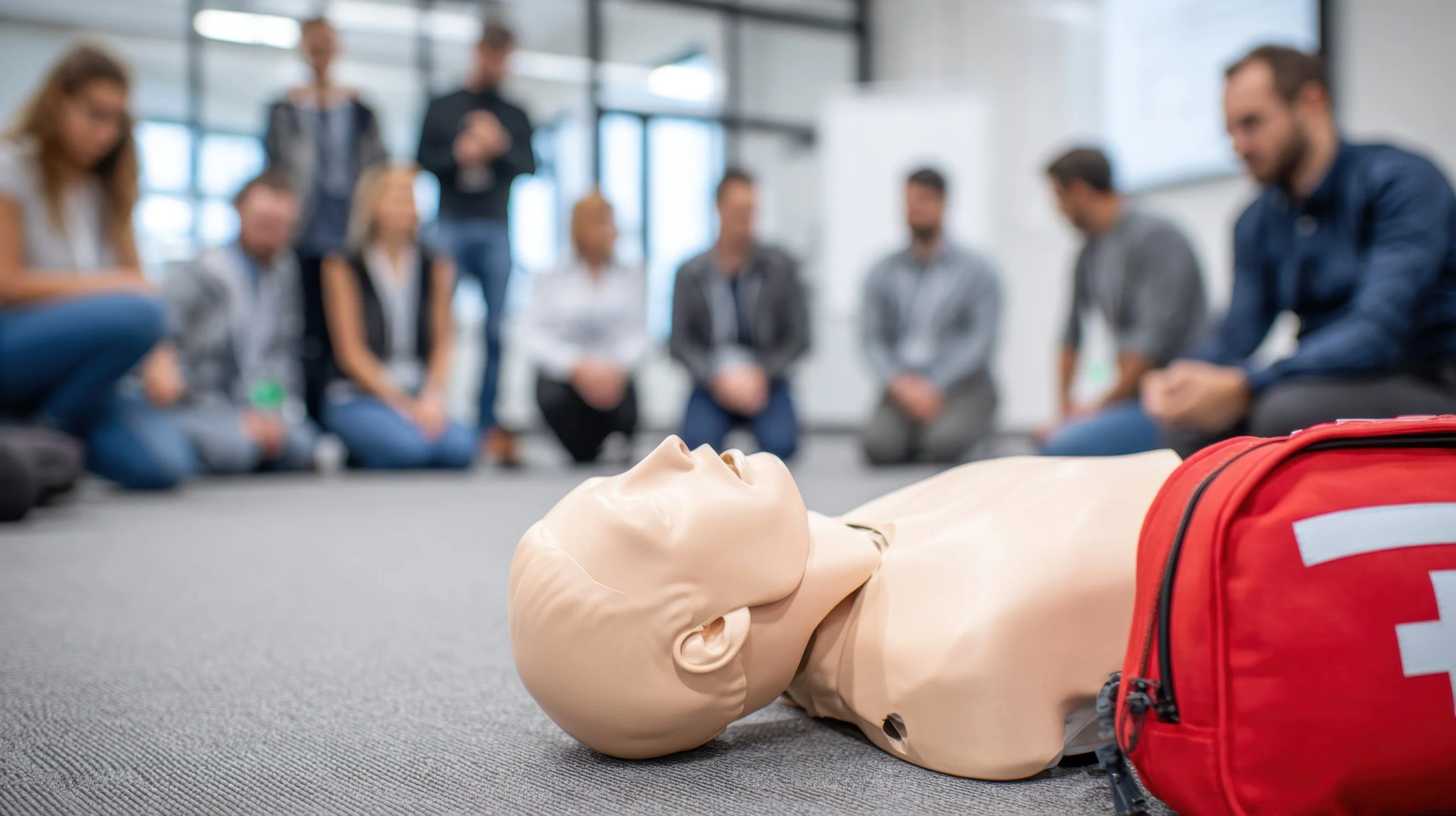 A CPR training dummy lying on the floor with a red emergency medical kit nearby, while a group of people gathered around in a classroom or training room setting during a first aid training session.