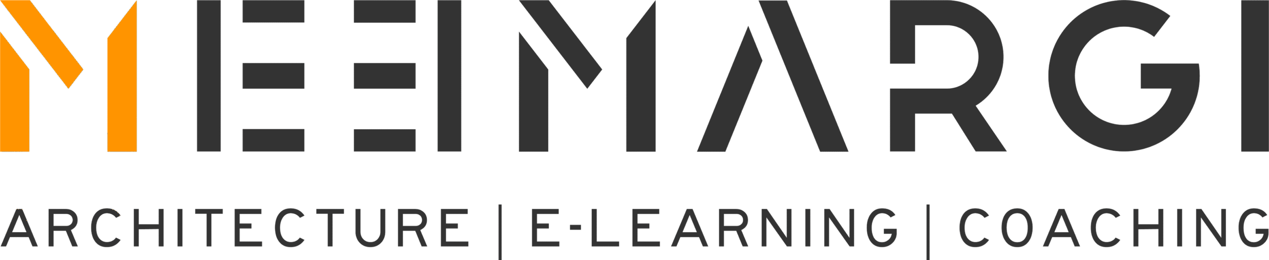 Logo for MEETARCH, featuring stylized orange and black building shapes, with text indicating architecture, e-learning, and coaching services.