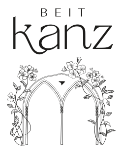 Line drawing of an archway with floral vines and the text 'BEIT kanz' above it.