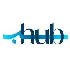 The logo of the company 'hub' with the word written in lowercase, featuring a horizontal blue swoosh crossing through the middle of the text.