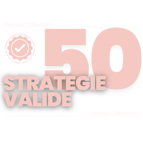 Grafico con il testo '50 Strategie Valide' in evidenza, con un'icona di orologio e il testo in italiano.