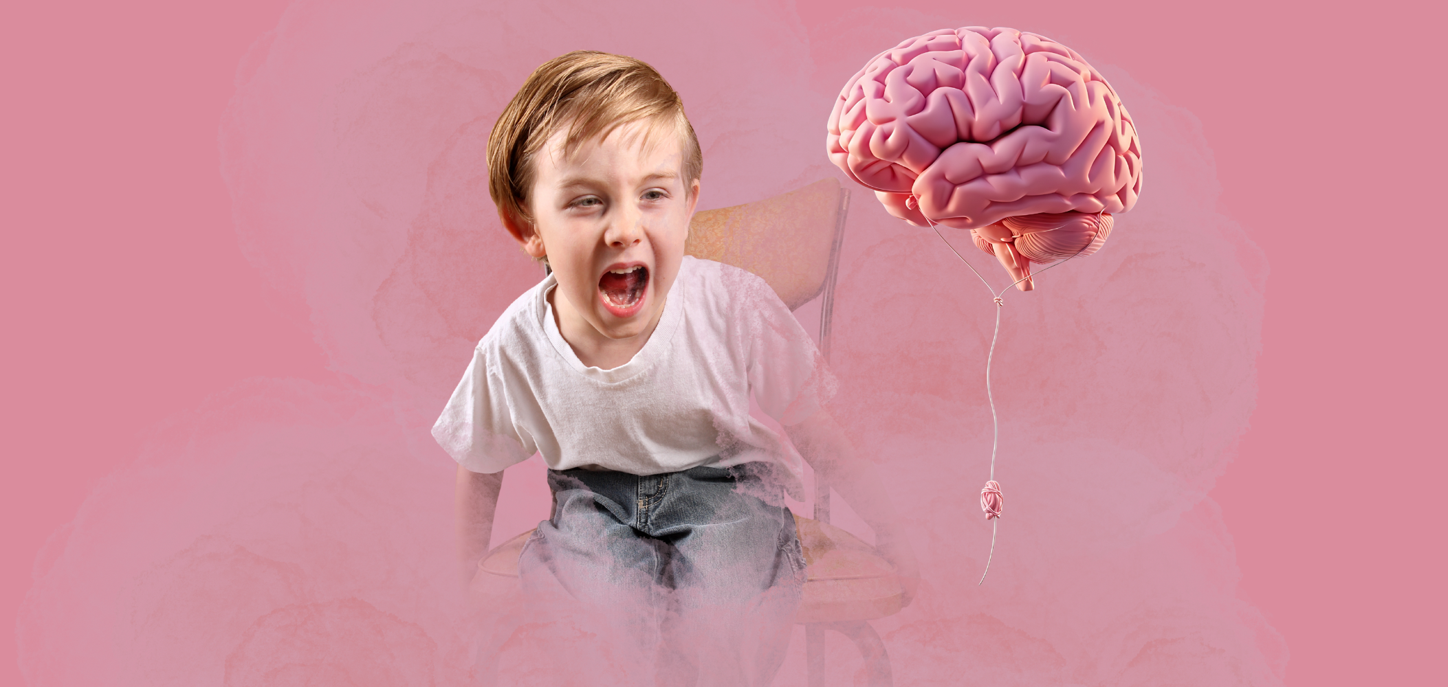 Bambino con espressione arrabbiata, seduto su una sedia, con un grande cervello decorativo in forma di palloncino vicino a lui, su sfondo rosa