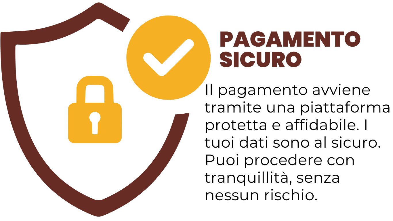 Logo con uno scudo marrone, un lucchetto giallo, una spunta nera in un cerchio giallo e la scritta 'Pagamento Sicuro' in italiano.