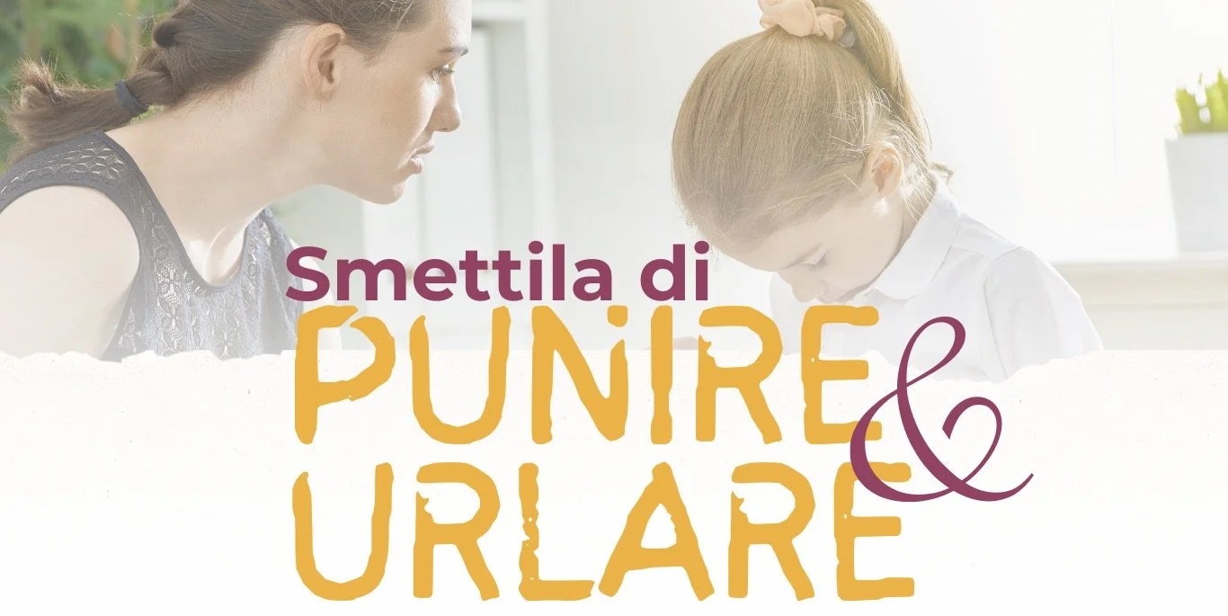 Una donna e una giovane ragazza sedute di fronte, intento a parlare, in un ambiente luminoso con piante sullo sfondo. Sullo sfondo, il testo in primo piano dice 'Smettila di punire & urlare'.