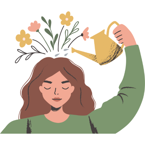 Una donna con i capelli castani che riceve una pianta con fiori da un annaffiatoio, simbolo di cura e crescita.