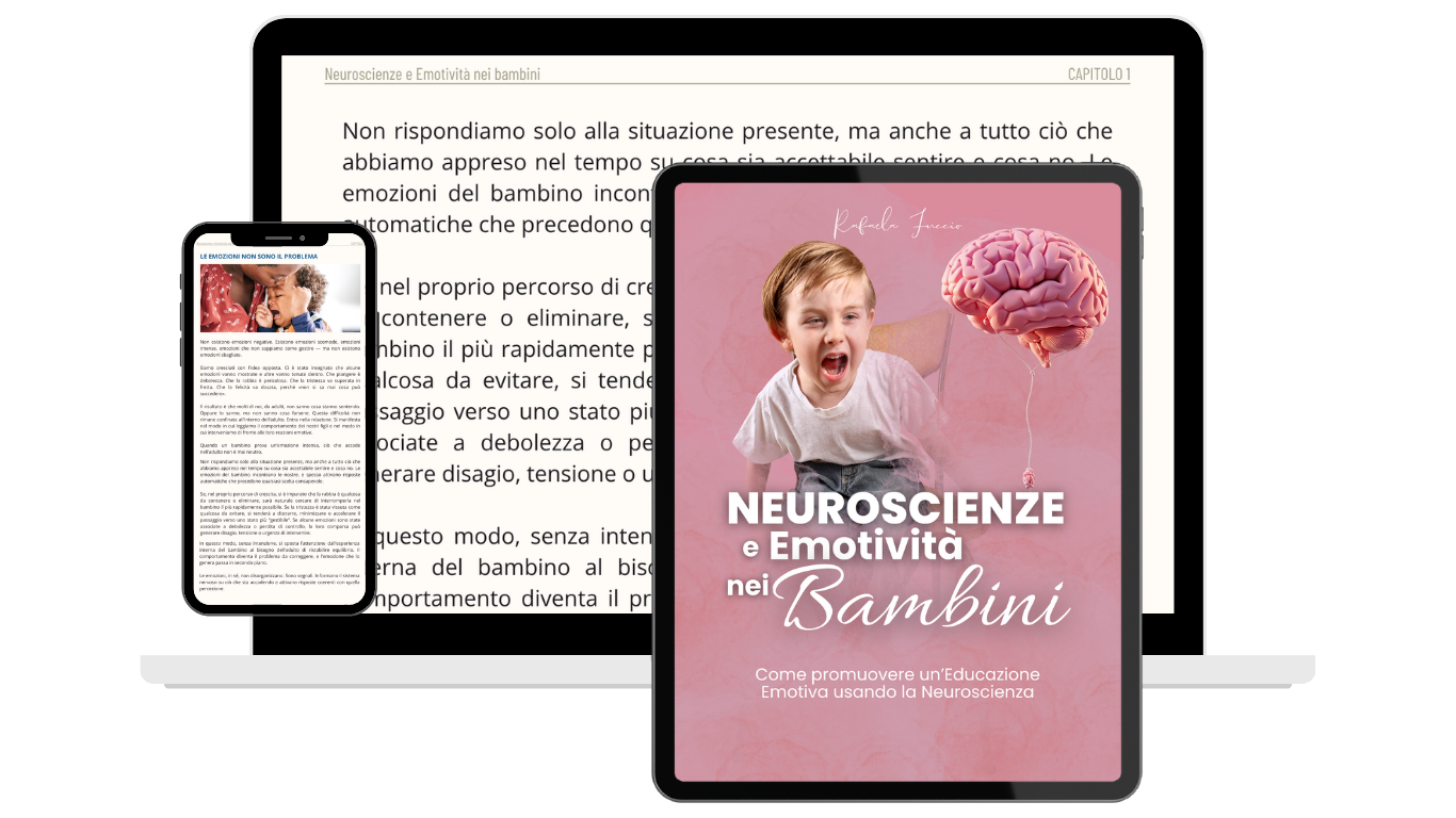 Copertina di un libro intitolato "Neuroscienze e Emotività nei Bambini" con un bambino arrabbiato e un palloncino a forma di cervello. Sfondo rosa.