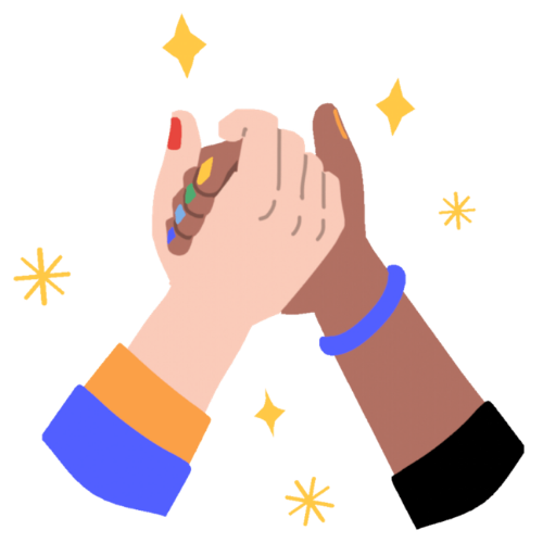 Due mani che si stringono in segno di unione e collaborazione, circondate da stelle e scintille che rappresentano armonia e successo.