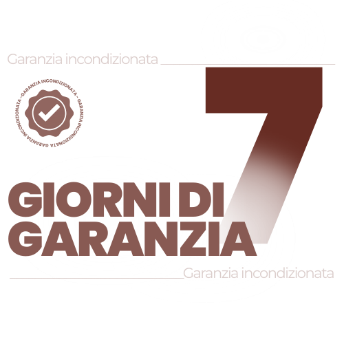 Immagine pubblicitaria di un prodotto con garanzia di 7 giorni, testo in italiano.