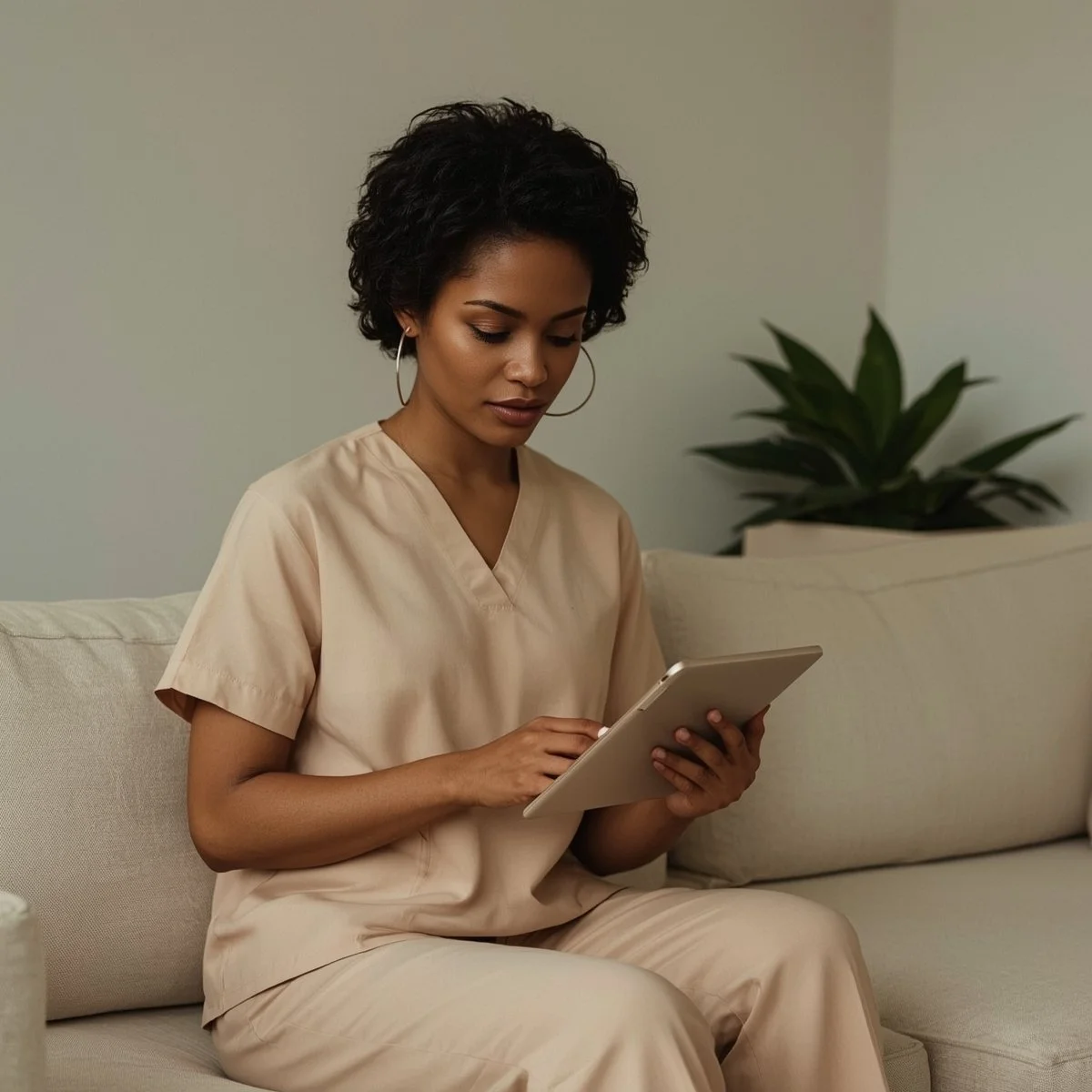 Woman sitting on a beige sofa, using a tablet, with a large green plant in the background.