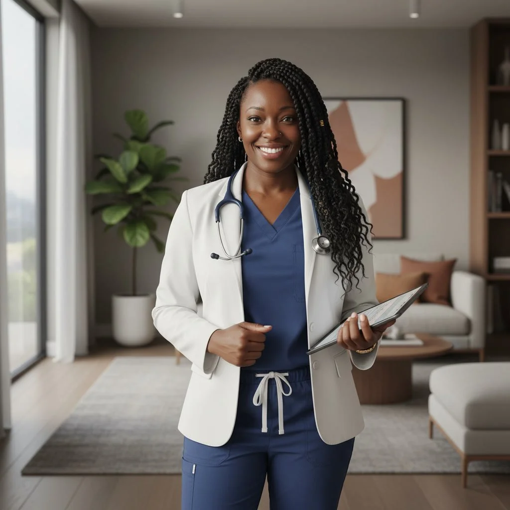 A smiling female nurse with pearl earrings and twisted hair, wearing blue scrubs and a white coat with a stethoscope around her neck, standing in a modern living room holding a tablet.