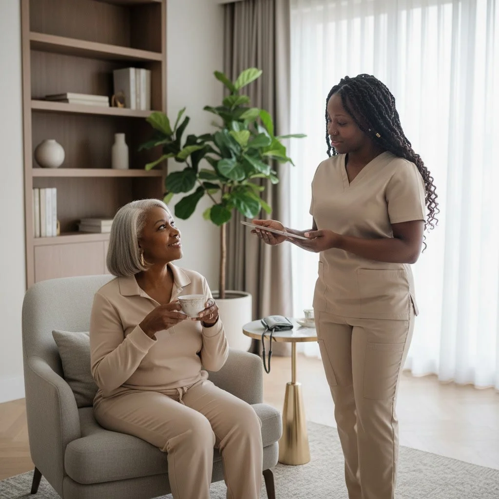 A woman with gray hair sitting in a beige armchair, holding a cup, and looking up at a standing woman with dark hair in medical scrubs, who is smiling and holding a tablet. The scene takes place in a well-lit living room with a bookshelf, green plant, and large window with curtains.