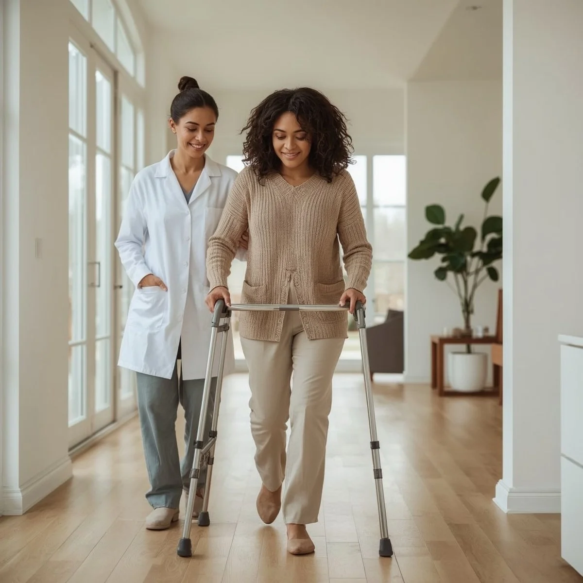 A woman with curly hair using a walker and a healthcare professional walking beside her in a bright, modern home with wooden floors and large windows.
