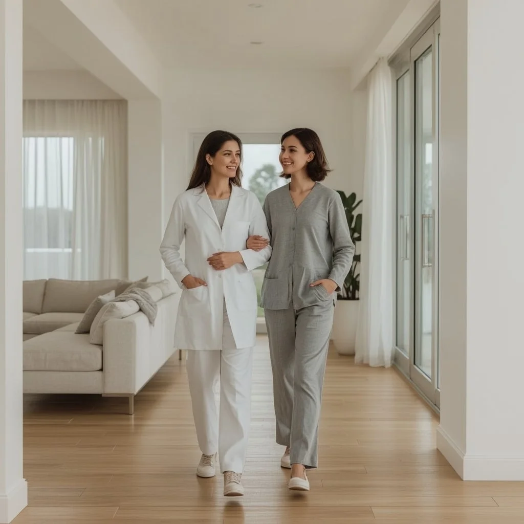 Two women walking together in a bright, modern living room with large windows and light-colored furniture.