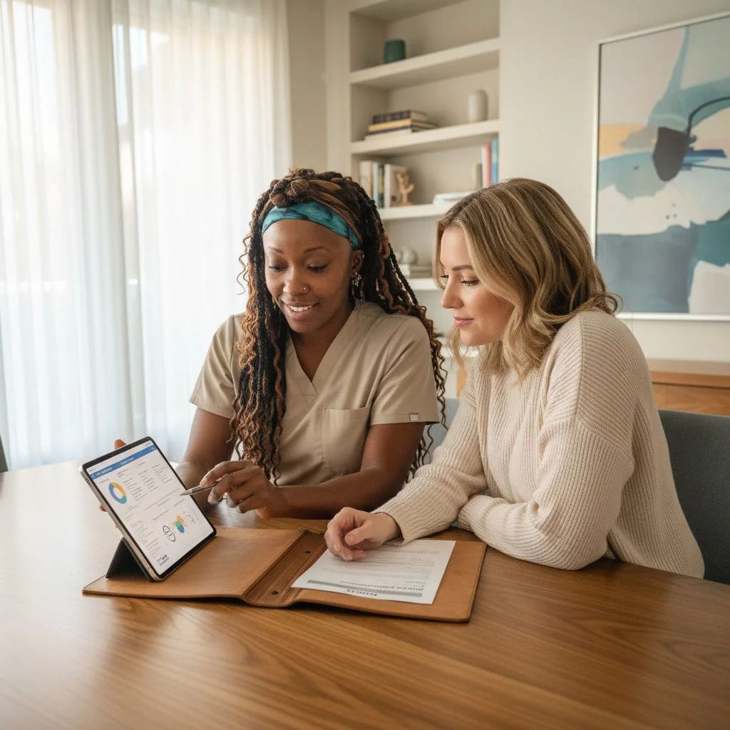Two women sitting at a table, looking at a tablet and reviewing discharge procedure instructions in a bright, modern office.