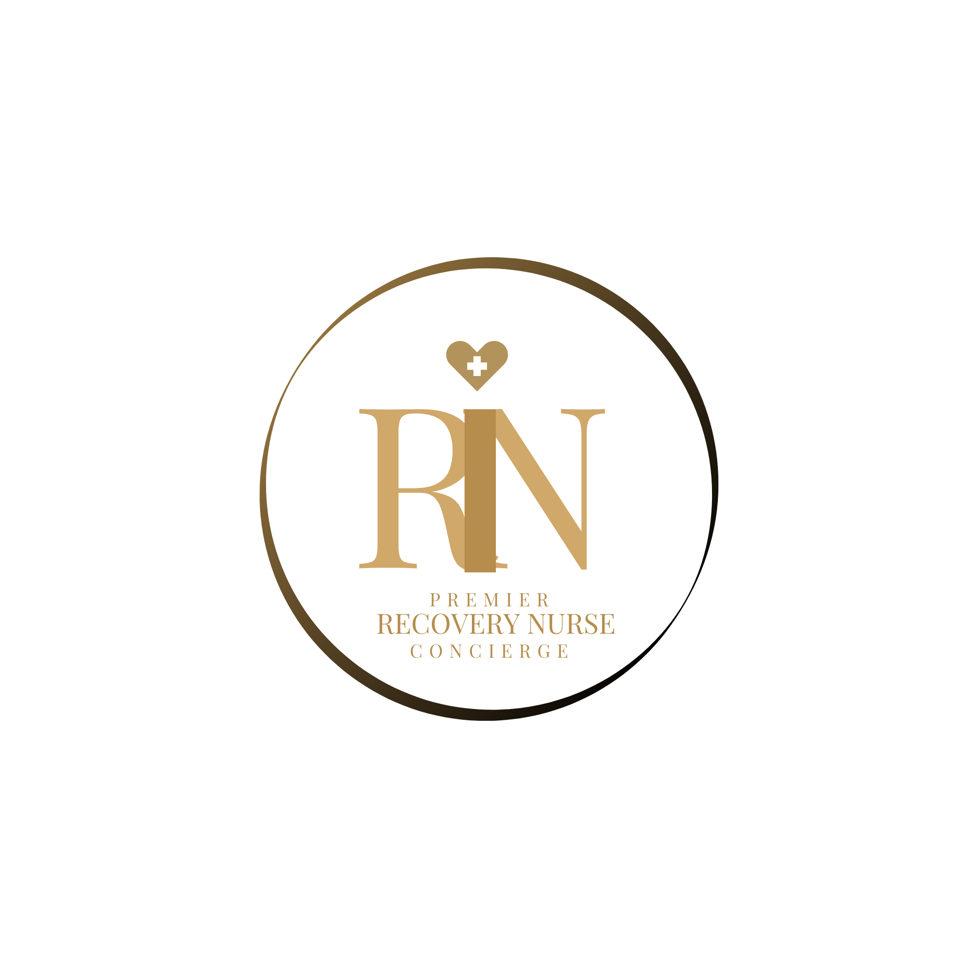 Logo for Premier Recovery Nurse Concierge featuring gold letters RN with a heart and medical cross above, in a gold circle on a black background.