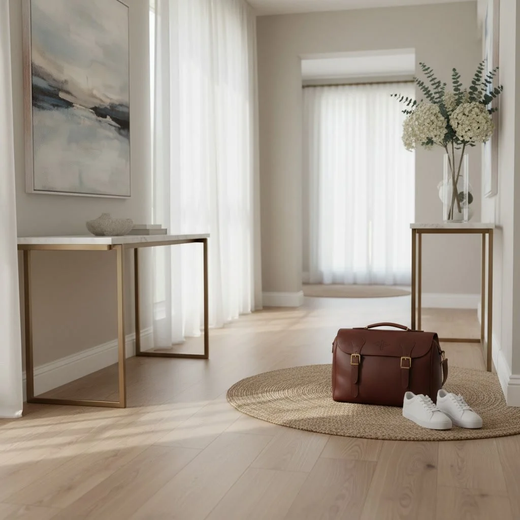 An entryway with a round woven rug on light hardwood floors, a brown leather travel bag and white sneakers on the rug, gold-accented tables on each side with vases of white flowers and abstract art on the wall, cream-colored curtains in the background.