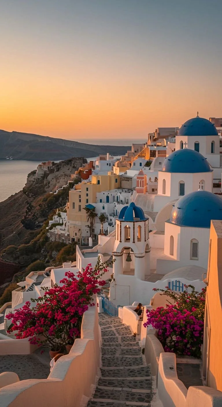 Sunset view of Santorini, Greece, with iconic white buildings and blue domes on a cliffside, framed by vibrant pink flowers. 