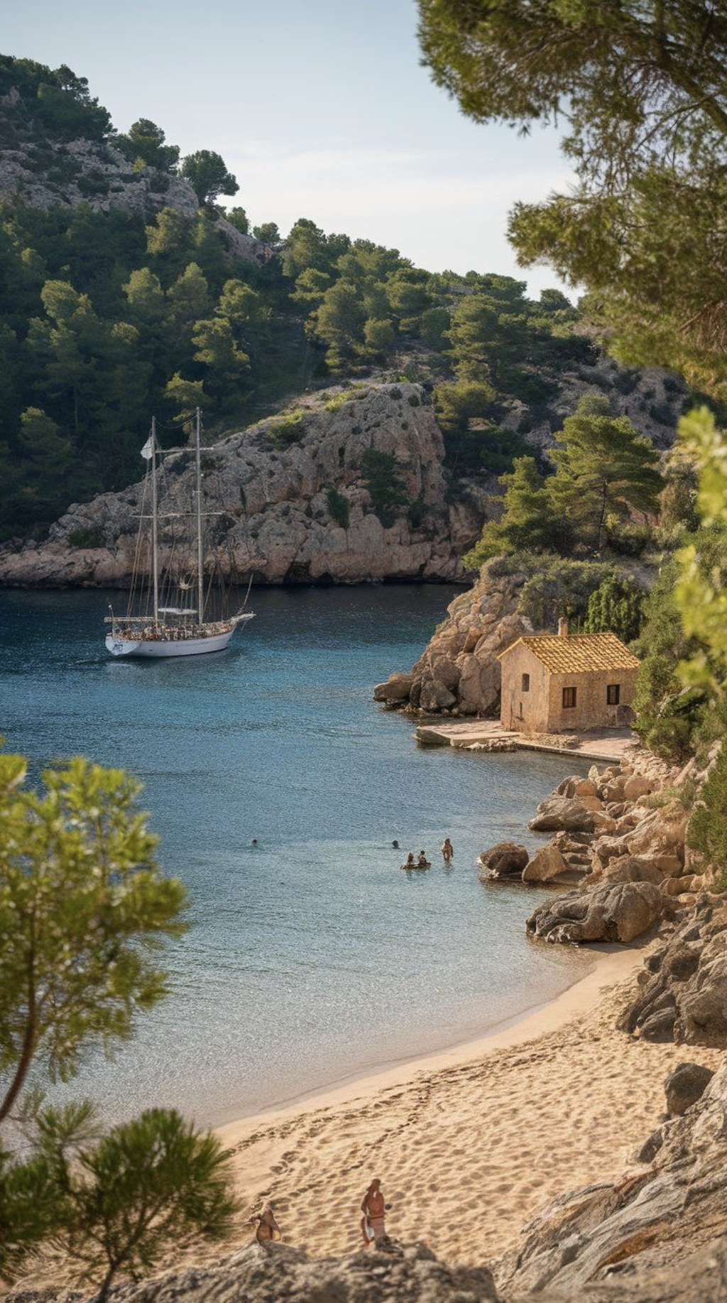 Serene coastal scene with a sailboat on clear blue water, surrounded by lush green hills and rocky cliffs.
