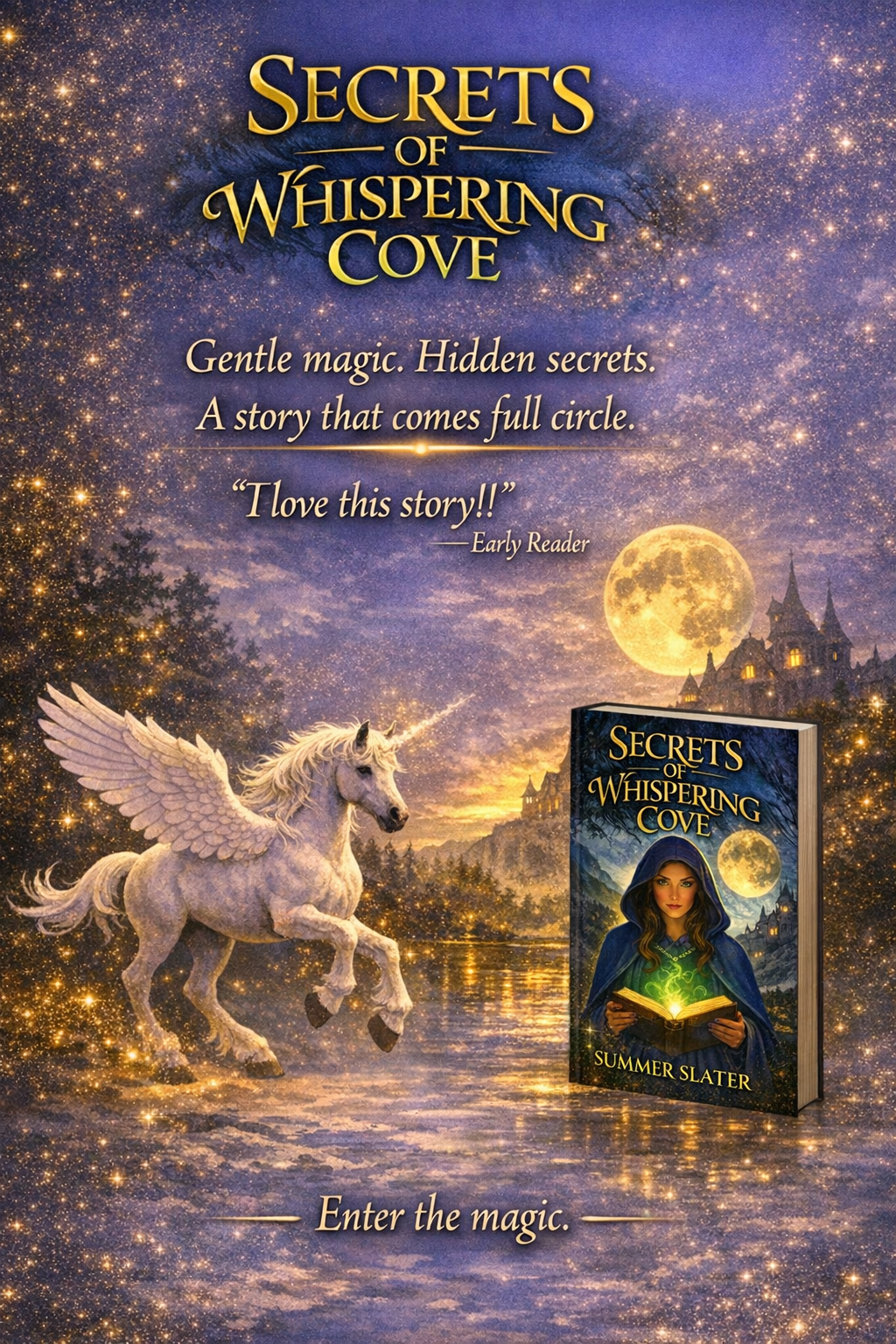 Book cover for 'Secrets of Whispering Cove' by Summer Slater featuring a magical scene with a white winged unicorn running near a lake, a glowing full moon, a castle silhouette in the distance, and a woman in a blue hooded cloak reading a book emitting green light, set against a starry night sky with gold sparkles.