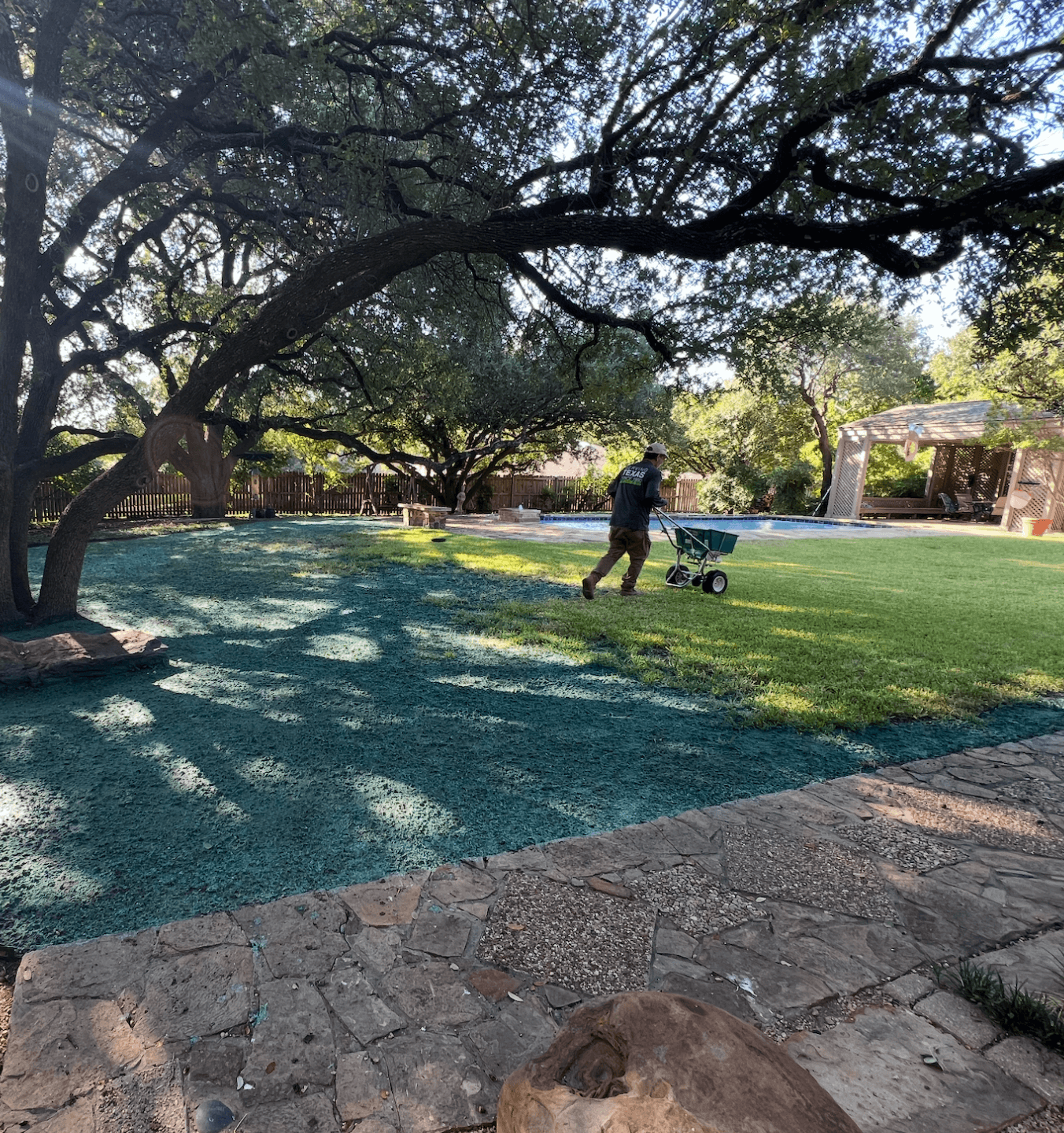 Person using a weed trimmer in a backyard with trees, grass, and a covered patio.