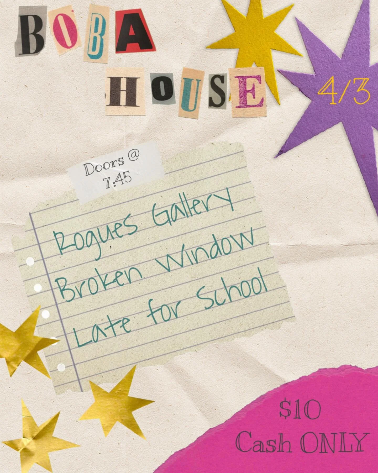 ‼️ PREPARE YOURSELF BOBA HOUSE‼️

This one is gonna melt your skin clean off.
We are joined by the talented @brokenwindows.ig and @latefor_school for a very special show.

7:45 doors
10$ cash

Flyer credit: @phixatedphotography