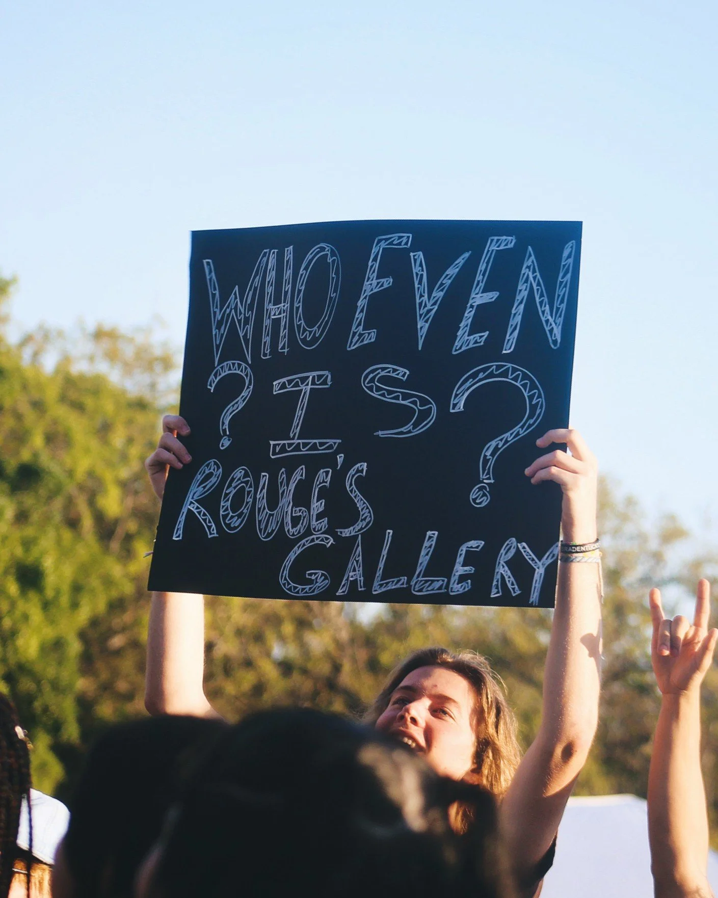 A woman holding a sign that reads 'WHO EVEN IS ROGUES GALLERY?' at an outdoor event during the daytime.