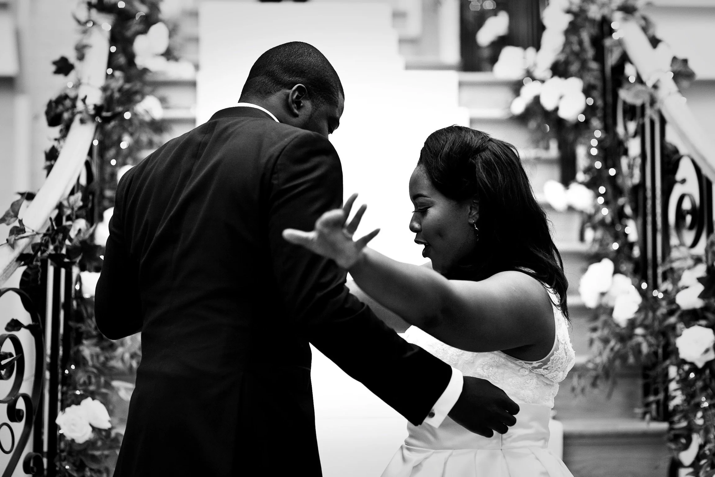 Black and white Wedding image of couple dancing in London by G’Safe Exposure Greenwich London