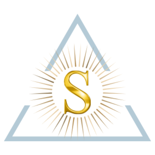 A stylized gold letter 'S' surrounded by a radiant starburst design, positioned in front of a transparent triangular shape.