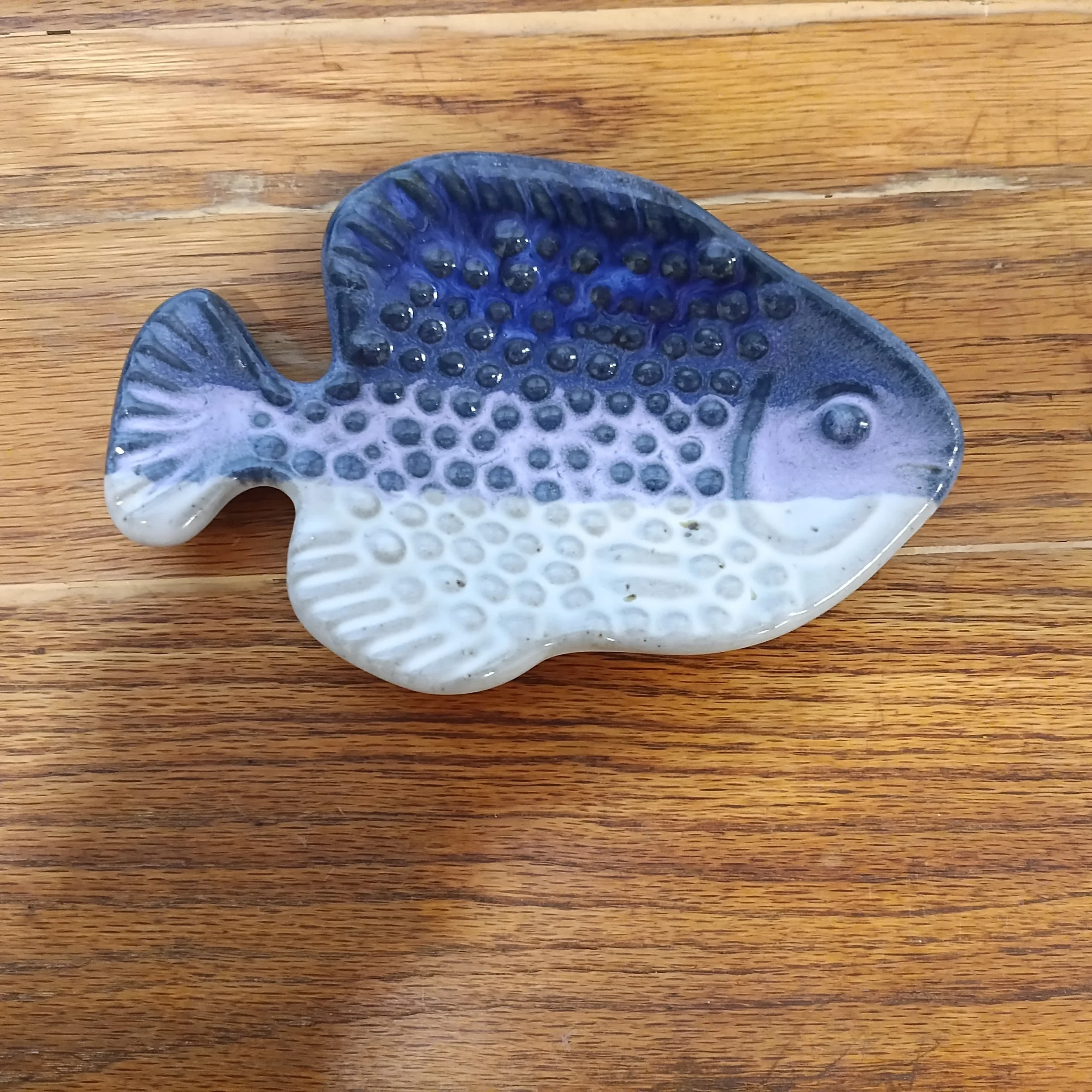 Vintage 1970 Studio Pottery Blue and White Fish Decorative Spoon Rest